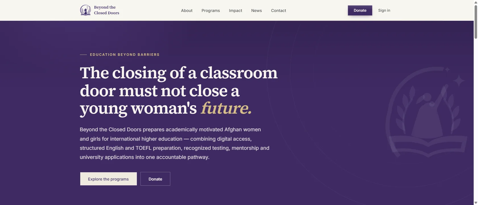 Beyond the Closed Doors — capture of the live website