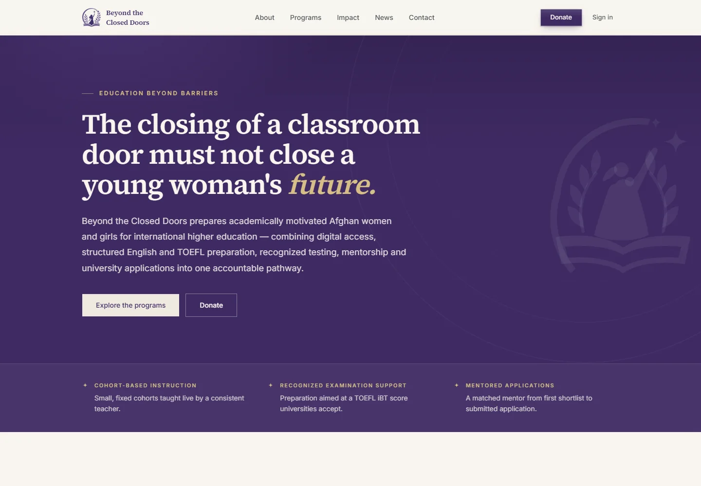 Beyond the Closed Doors homepage introducing its programme for Afghan women and girls