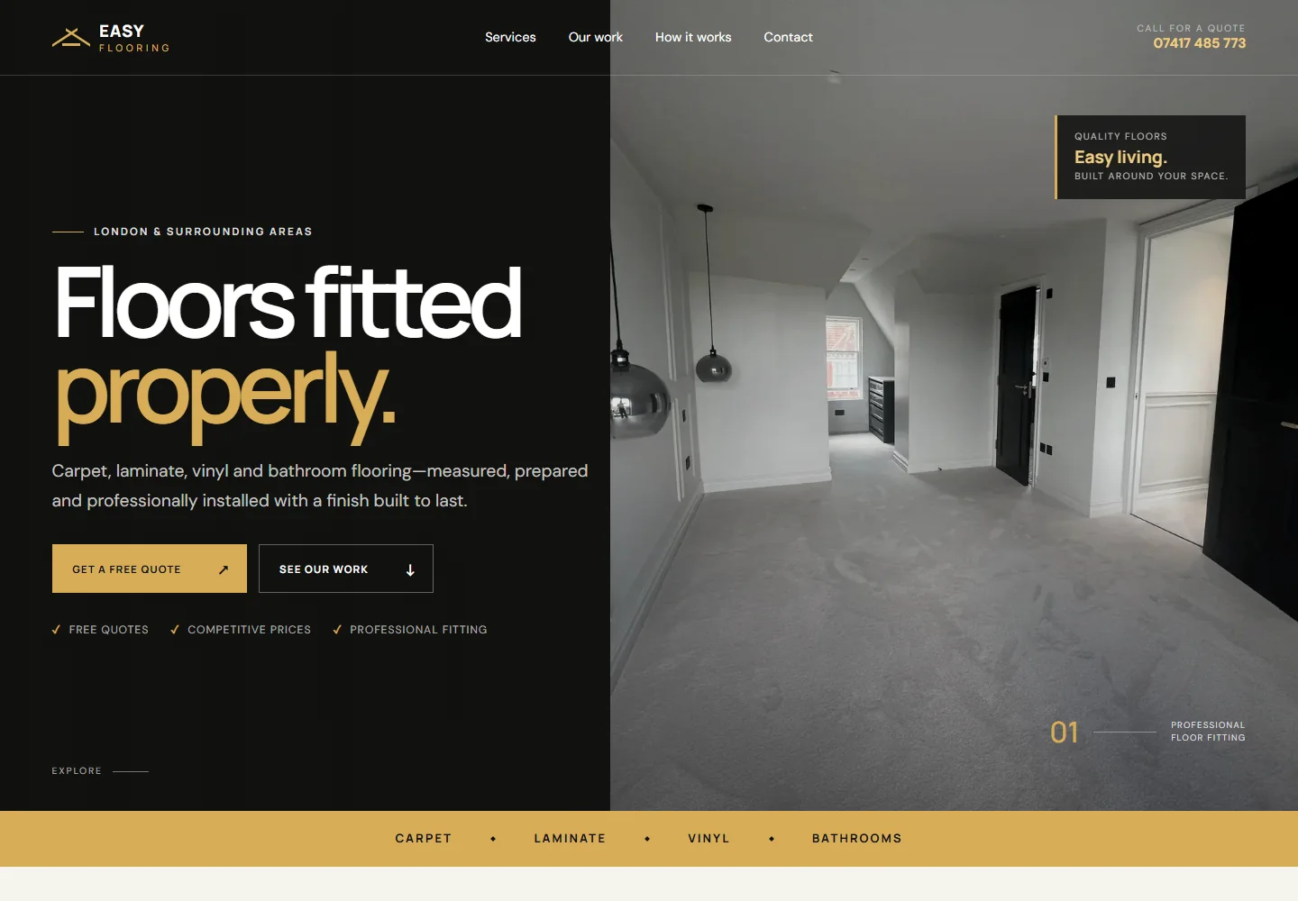 Easy Floorings homepage with the headline Floors fitted properly beside a fitted room