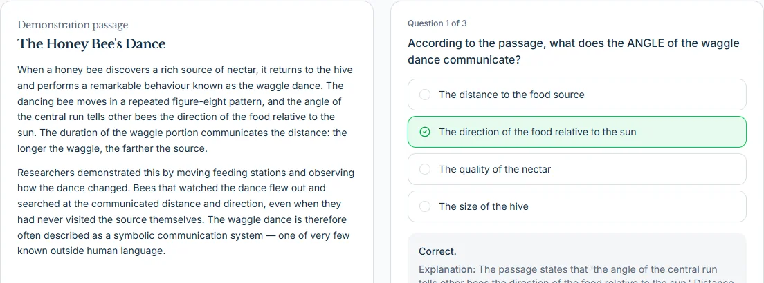 The same question after checking: the correct option is marked and an explanation appears