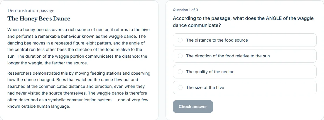 Reading practice demo: a passage beside a multiple-choice question