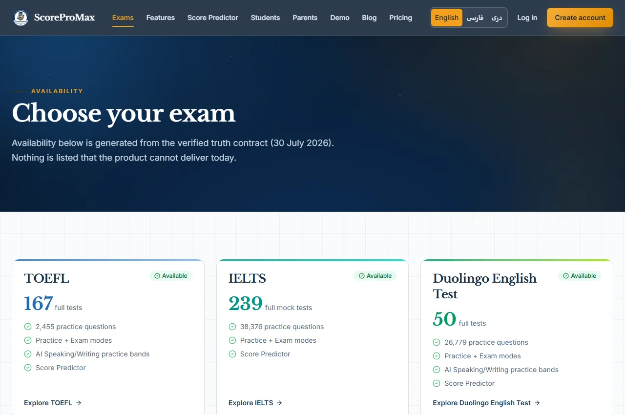 ScoreProMax exam library: TOEFL, IELTS and Duolingo English Test cards with practice and exam modes